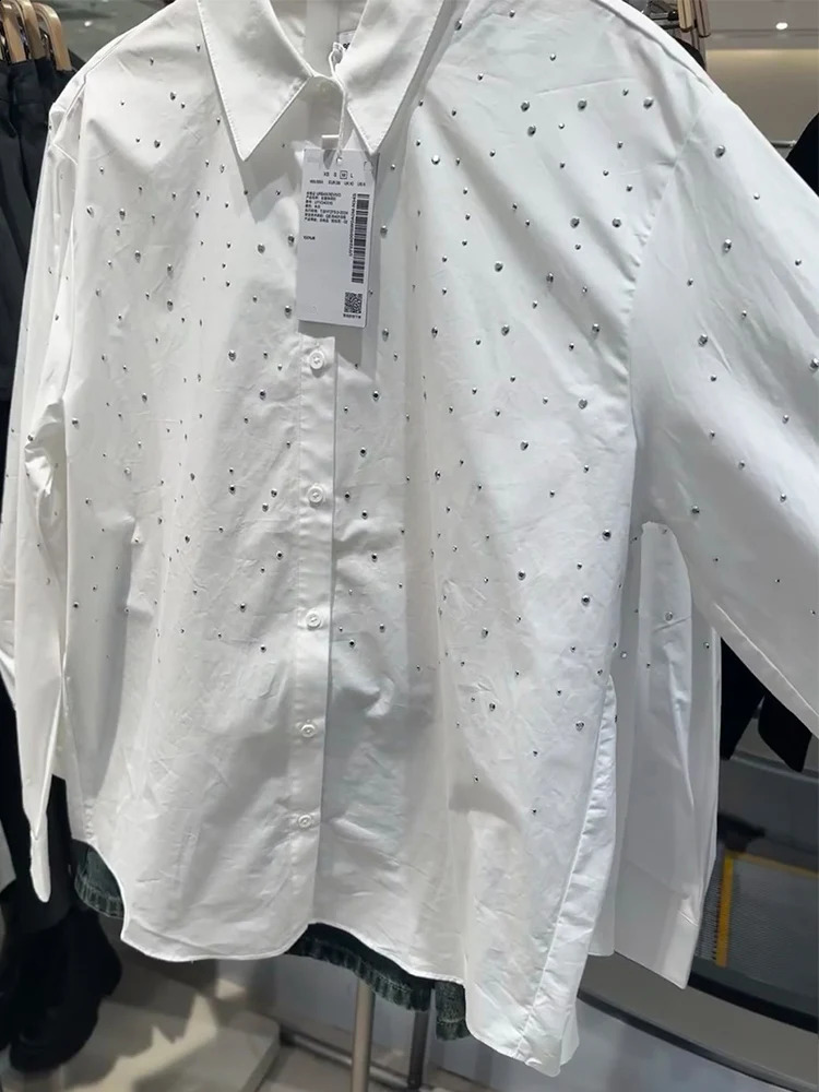 Minimalist loose long sleeved shirt rhinestone decoration large pocket boyfriend style womens top 250318
