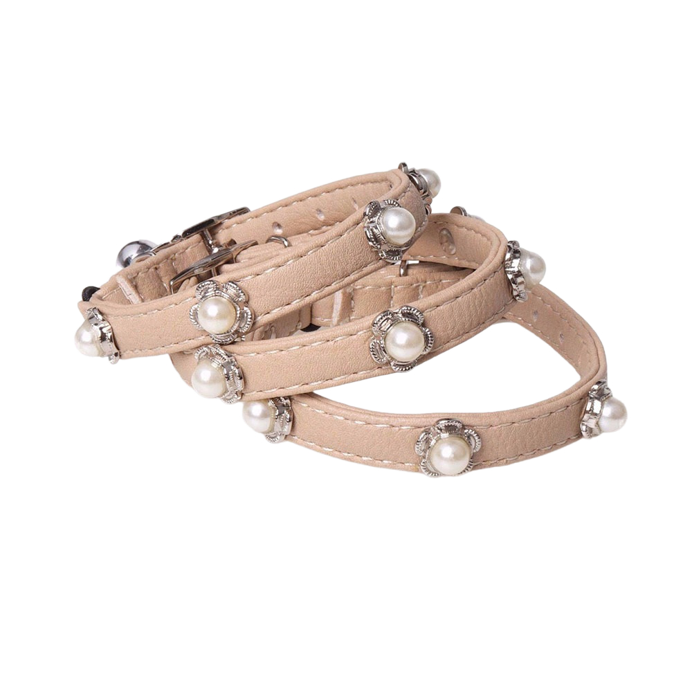 Fashion Leather Cat Collar with Bell and Pearl Decoration Cute Pet PU Leather Kitten Collar for Boy Girl Cats with Safety Elastic Strap for Small Kitt