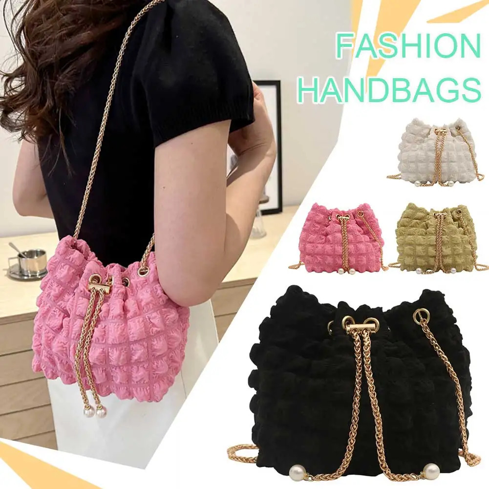 Womens Pleatd Crossbody Bag Chain Cloud Bubbles Bucket Bag Solid Color Drawstring Shoulder Bag Casual for Party Prom 250317