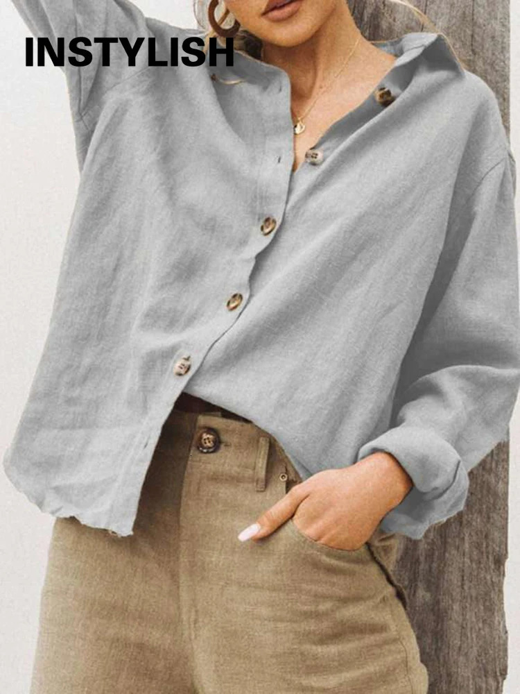 Casual Long Sleeve Cotton Linen Loose Womens Blouse Elegant Solid Vintage Harajuku Button Up Shirt Streetwear Oversized Tops 250318