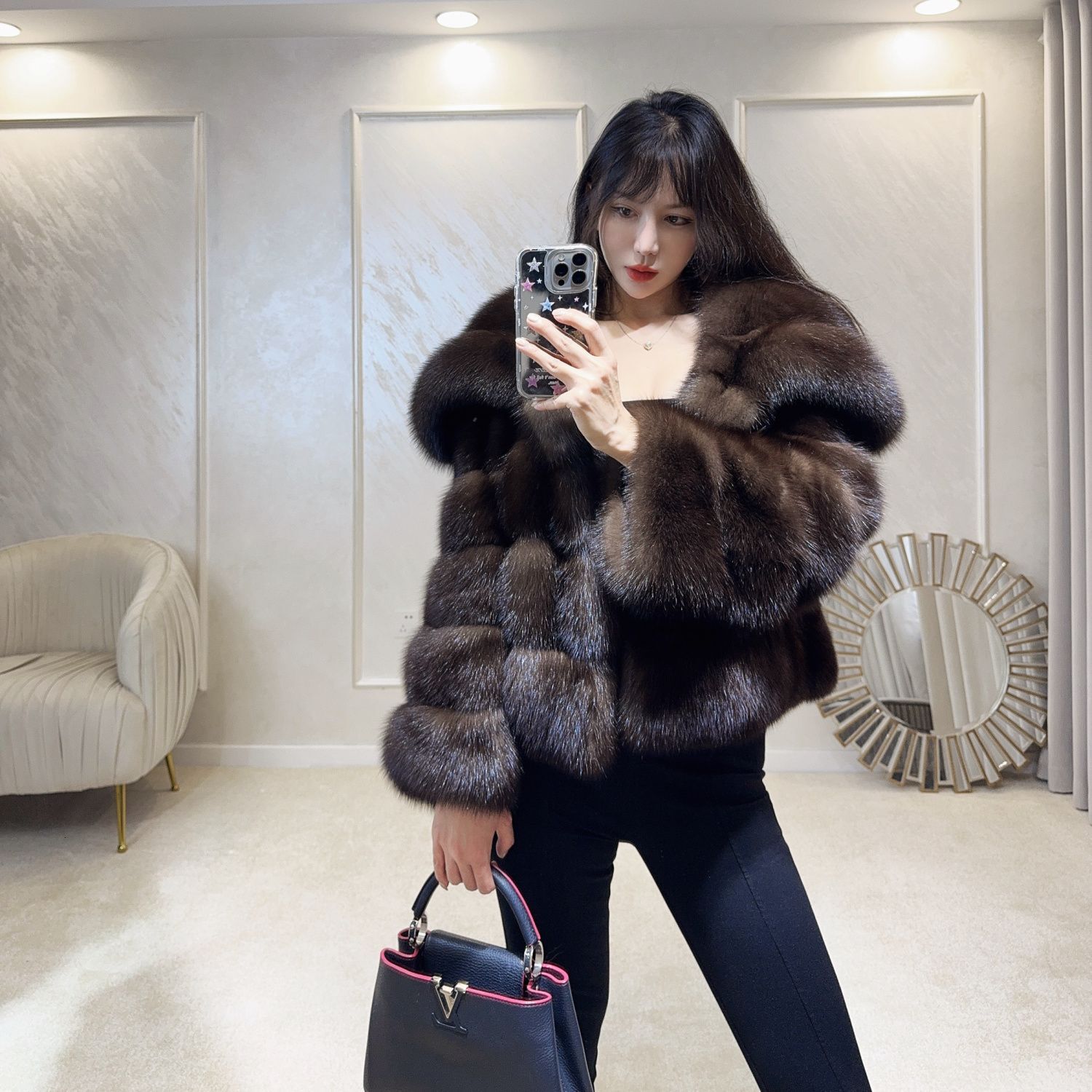 Wind black gold mink 2024 winter fashion classic trumpet sleeve imitation fur women's big collar coat