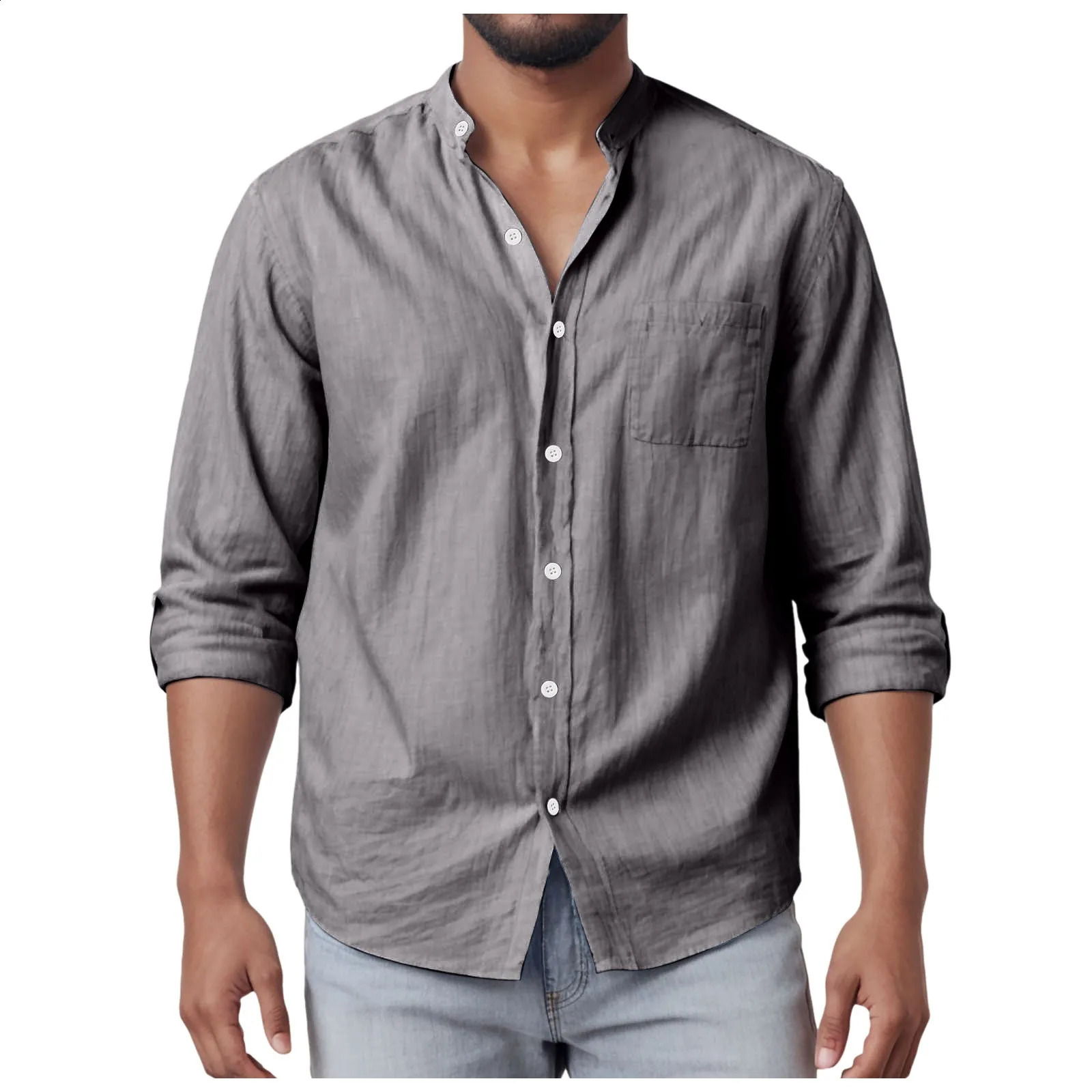 mens casual shirt cotton linen loose top long sleeved button down standing collar solid beach 250317