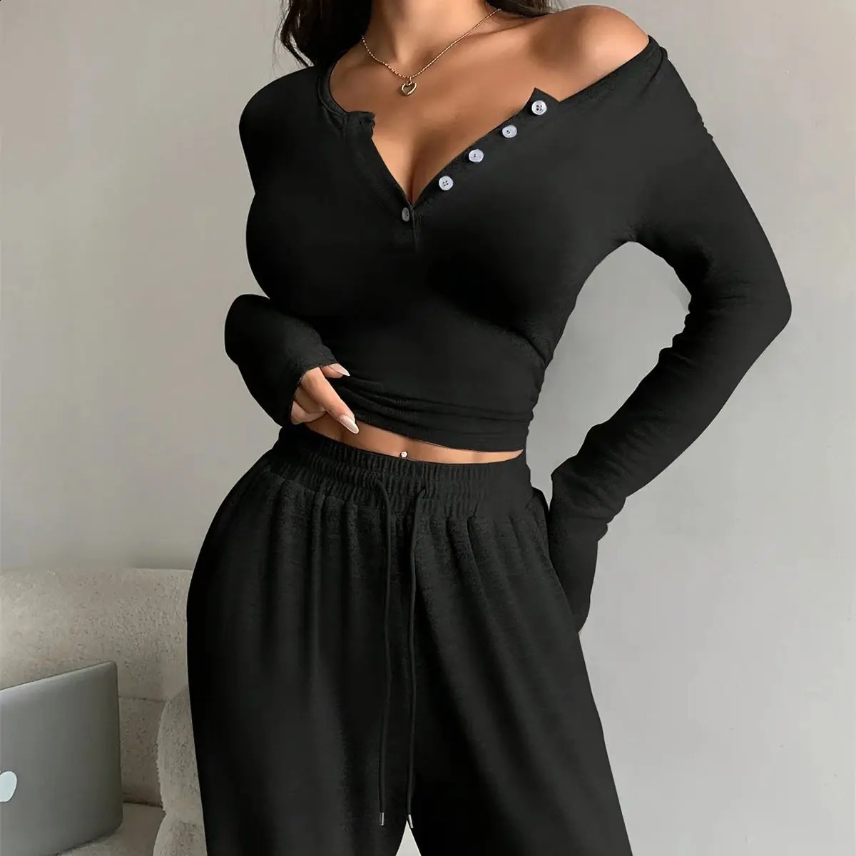 Vneck casual 2piece womens fashionable dragon sleeve ultrathin top high waist straight pants set spring and summer dress 250319