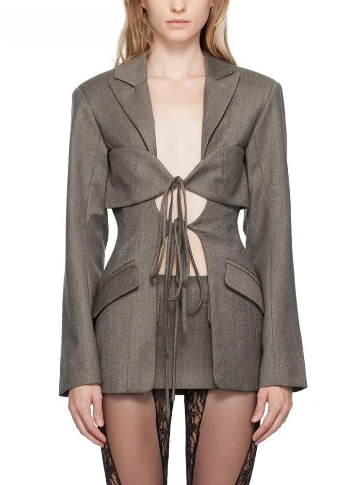 Hollow Out Irregular Blazer For Women Notched Collar Long Sleeve Patchwork Lace Up Temperament Blazers Female New