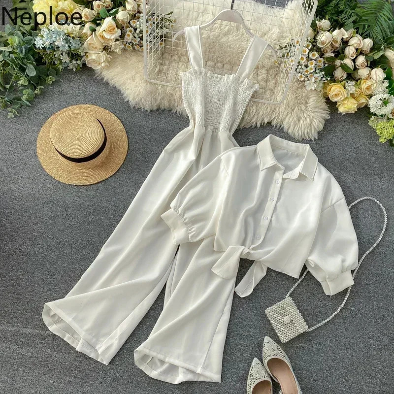Neploe Summer Holiday 2 Pcs Women Set Sexy Slim Waist Pleat Wide Leg Jumpsuit Turn Down Collar Short Sleeve Shirt Suit 250319