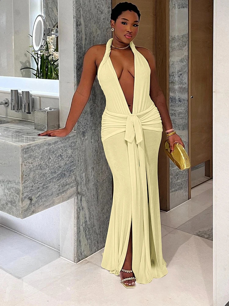 Nibber Elegant Peach Buttocks Sexy Dress Women Halter 2025 Summer Sexy Thin Y2K Backless V-Neck Knot Ribbon Birthday Vestidos 250319