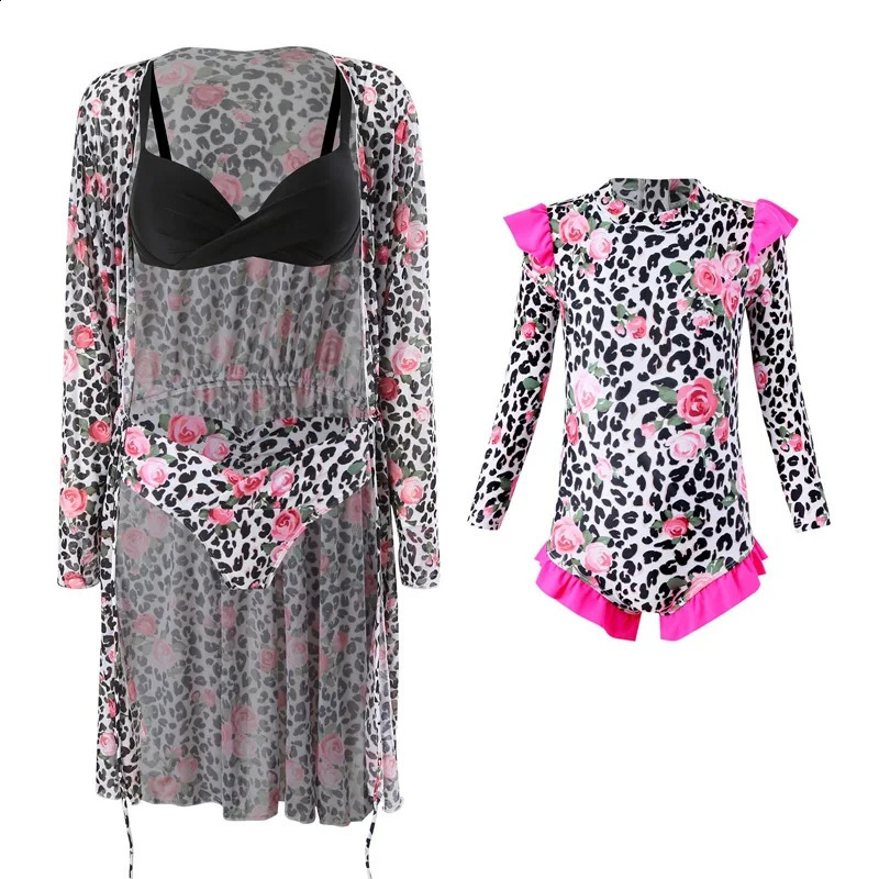 Family Matching Swimsuit Girls Print One-Piece Swimwear Mommy Bikini Sun Protection Cover Up 3Pcs Summer Family Matching Clothes 250319