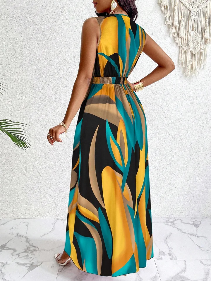 Tropical Print V-Neck Waist Section Cable Knit Fit And Flare Dress Maxi Women Outfit 250313