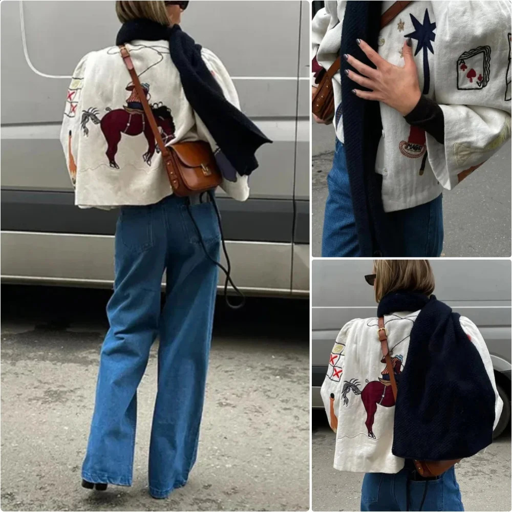 SpringSummer Cartoon Printed Baseball Womens Simple Round Neck Single Chest Casual Long Sleeve Jacket Coat 250317