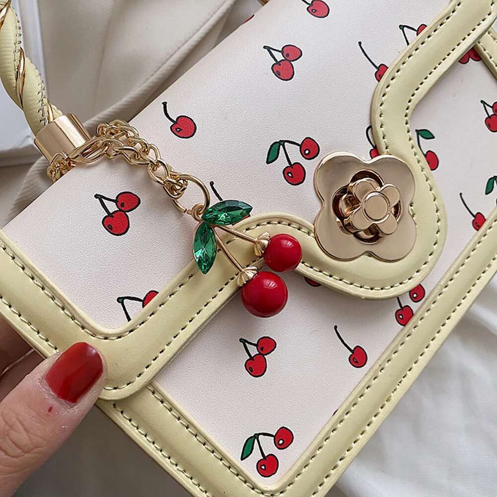Women Shoulder Adjustable Strap Square Chain Versatile Cherry Pattern Sg Female Daily Commute Bag