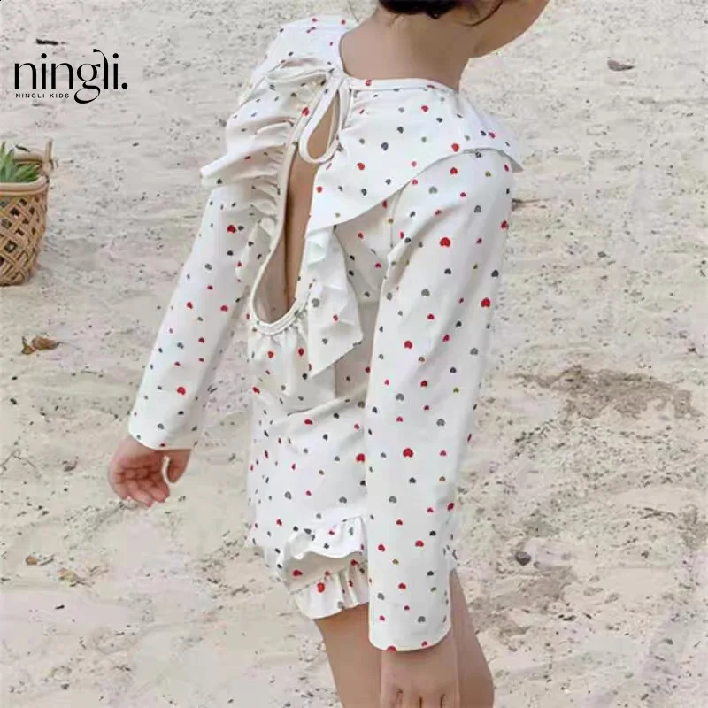 Ins Childrens Girls Swimsuit Princess Backless Long Sleeve Lace Girls One-piece Swimwears Beach Stylish Sweet Kid Girls Swimsuit 250319