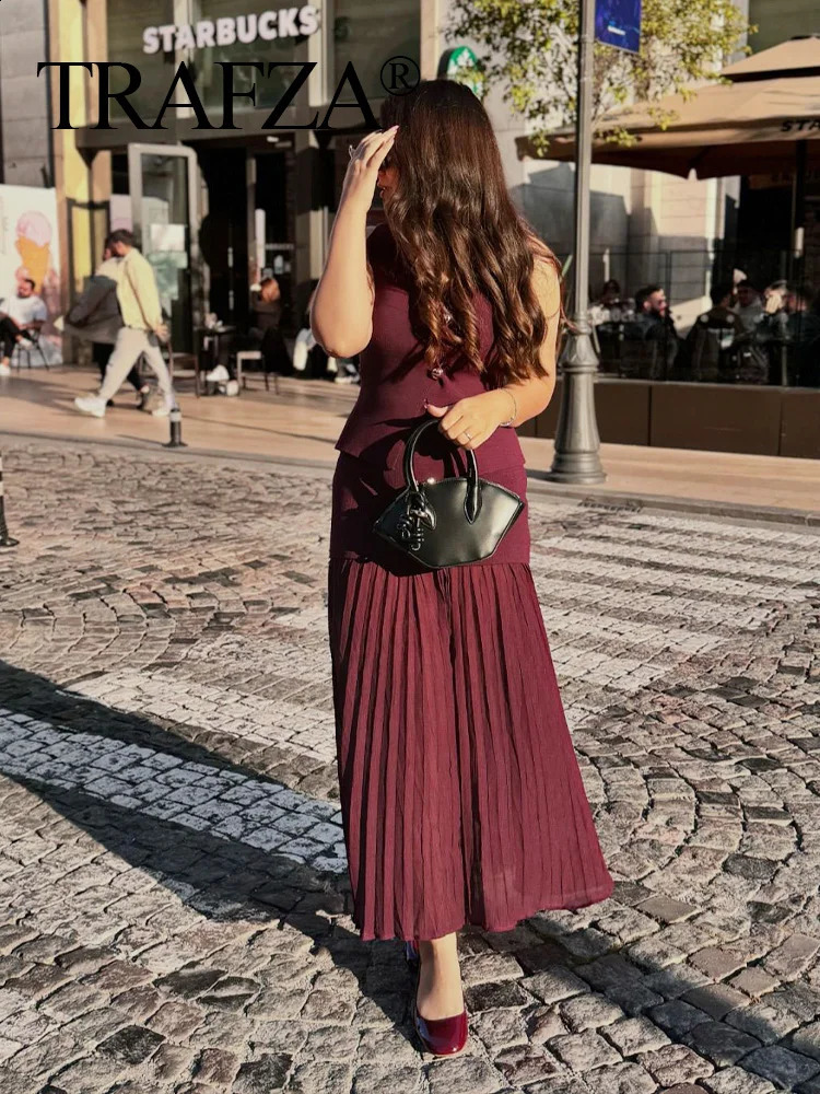 TRAFZA Women Skirt Set Wine Red Knitted V-Neck Sleeveless Sllim Vest Solid High Waist Zipper Patchwork Long Skirt Street 250318