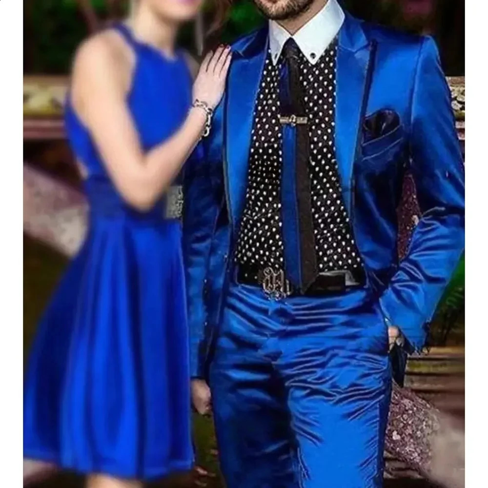 Royal Blue Satin Men Suit 2 Pieces Fashion Party Prom Wedding Groom Set Formal Male Slim Blazer with Pants Costume Marriage Homme 250311