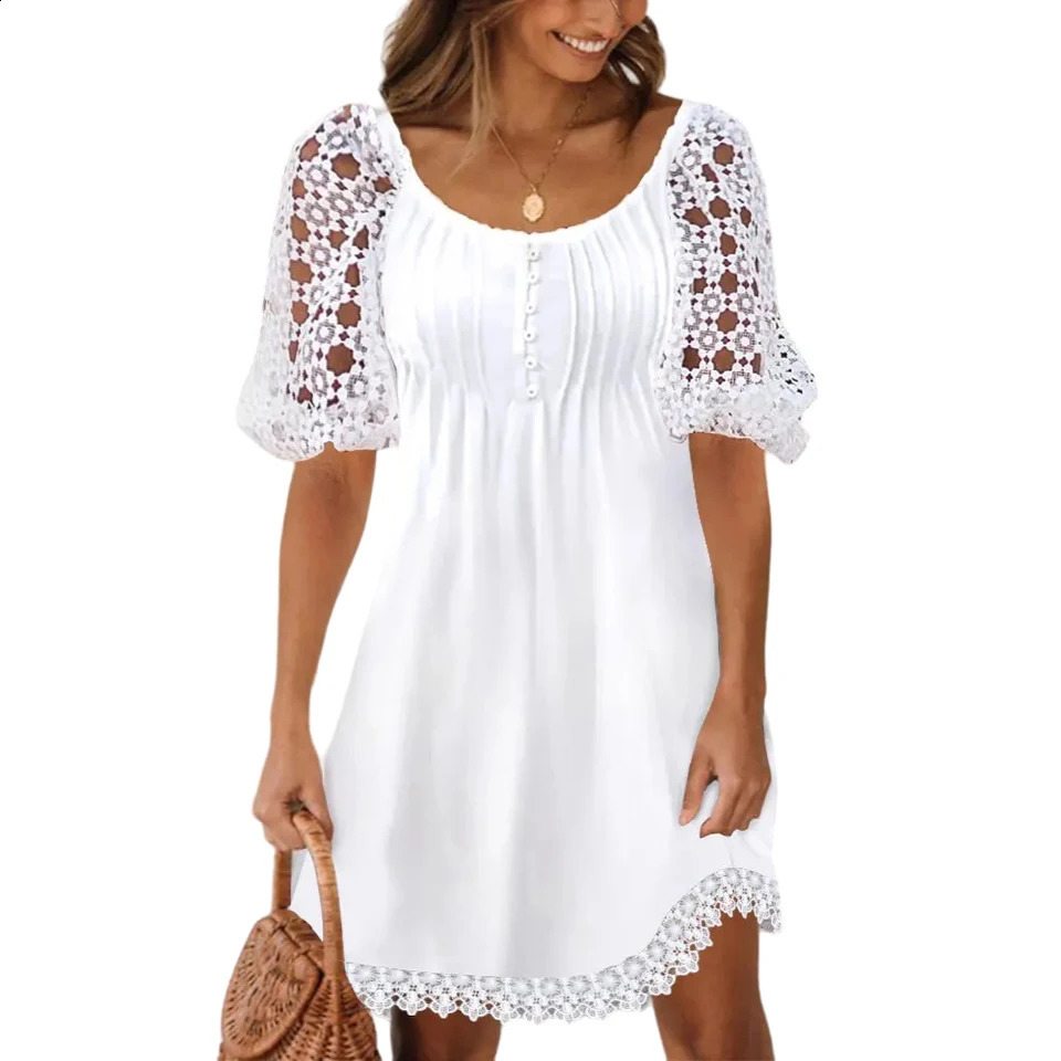 Womens Fashion Plus Size Dress Casual Loose Lace Hollow Short Sleeve Summer Beach Korean Elegant 250319