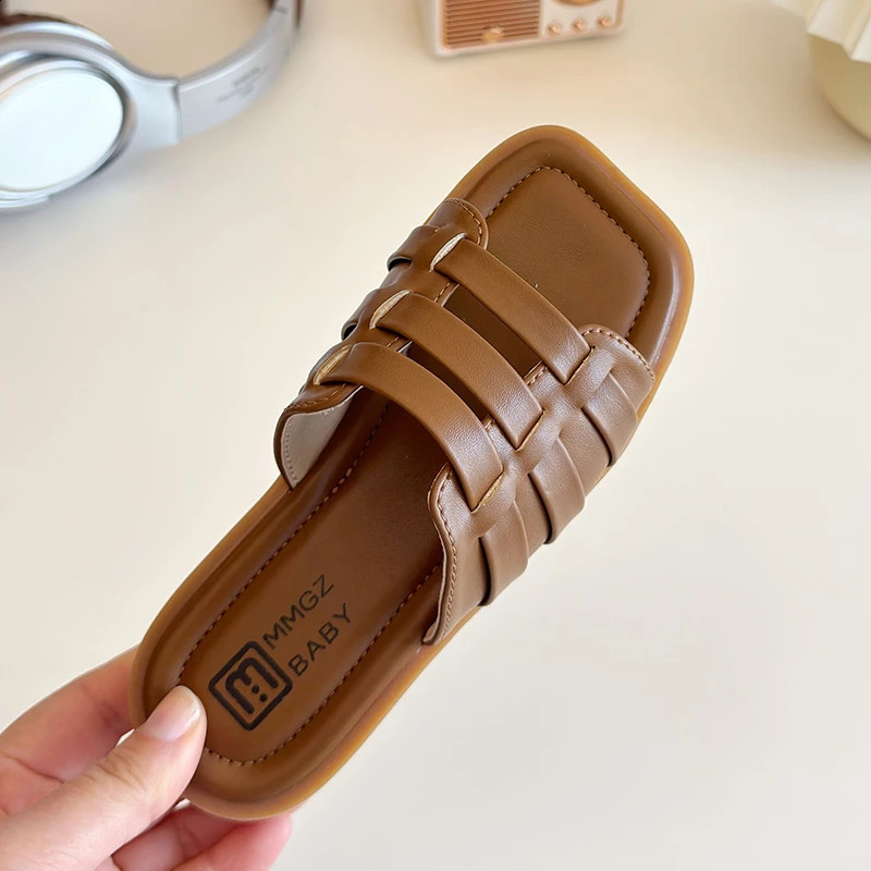Childrens slider woven hollow square toe PU leather childrens slider solid color fashion slider casual summer girls sandals 250318