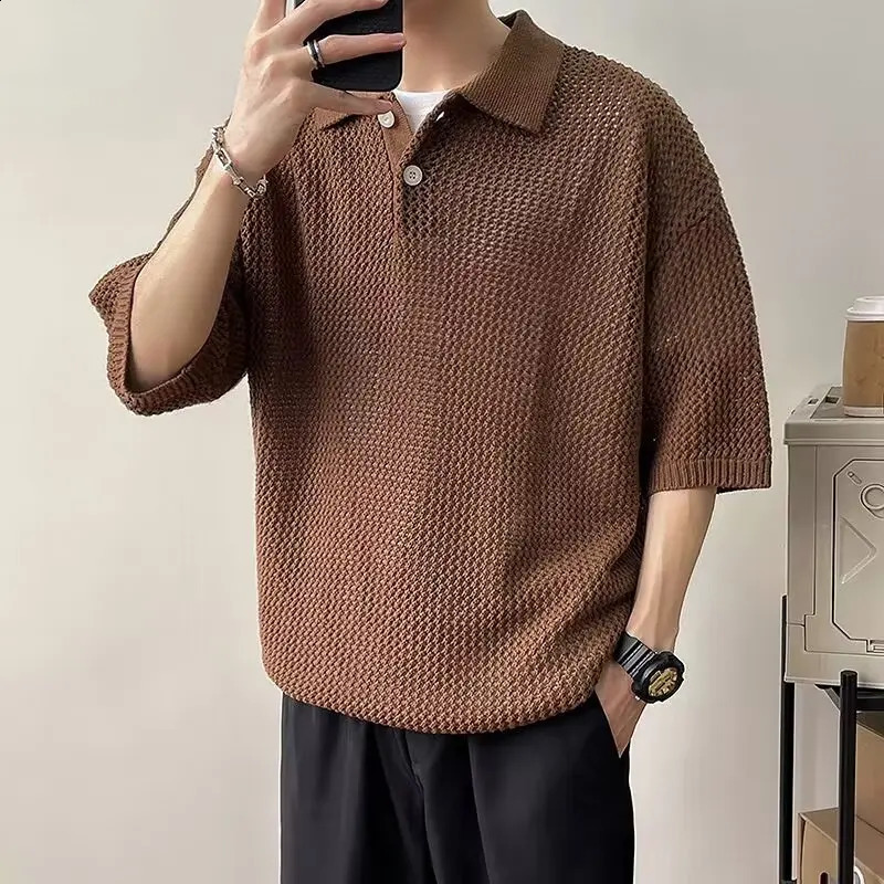 Hollow solid color mens polo shirt daily casual loose knit top. Breathable and durable T-shirt 250317
