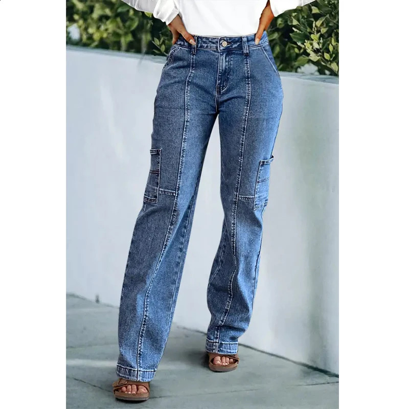 Yellow size high waisted cargo denim pants blue pocket straight leg carpenter tight jeans womens loose Trouser T35 T16 250317
