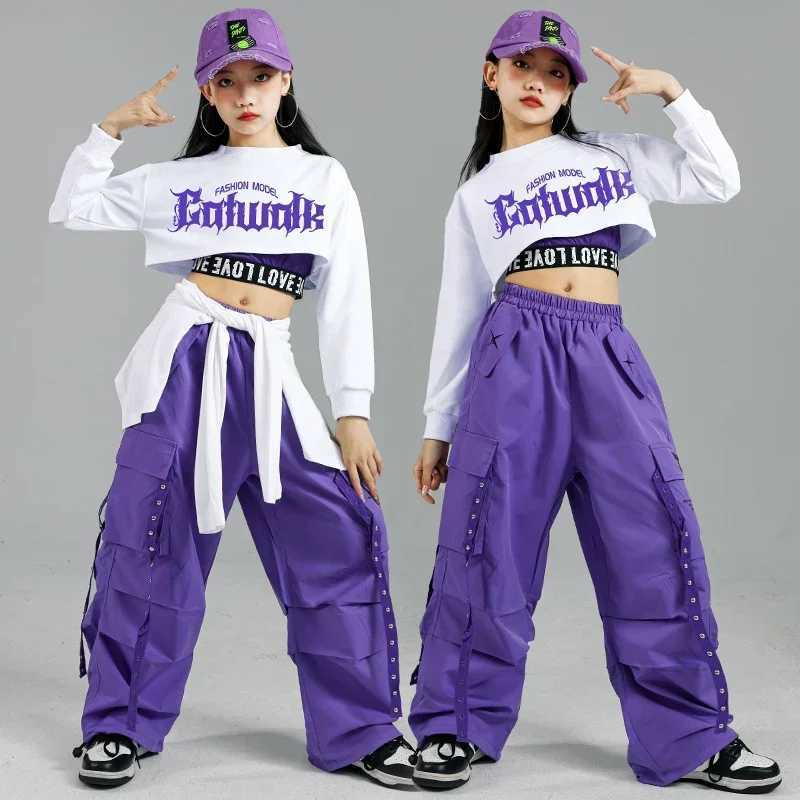 Hip Hop Girls Fashion K-pop Crop Top Purple Cargo Pants Children Street Dance Outfits Kids Streetwear Group Jazz Clothes SetsT250318