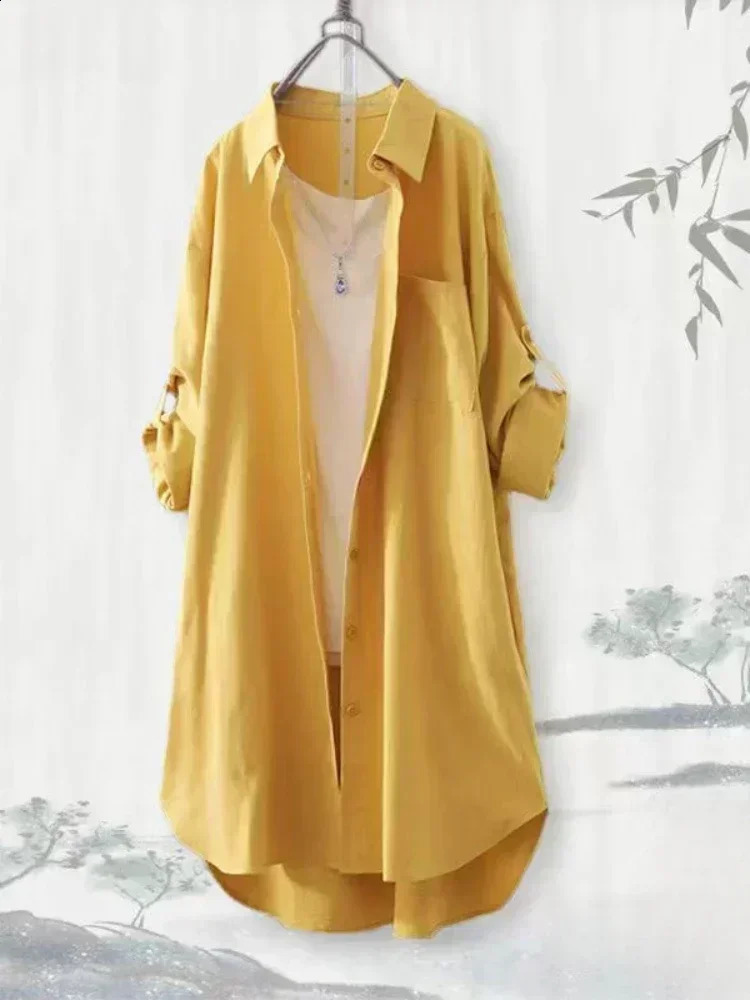 Plus Size Loose Breathable Blouses Midi Shirt Korean Casual Autumn Simple Solid Female Long Sleeved Shirts 250312