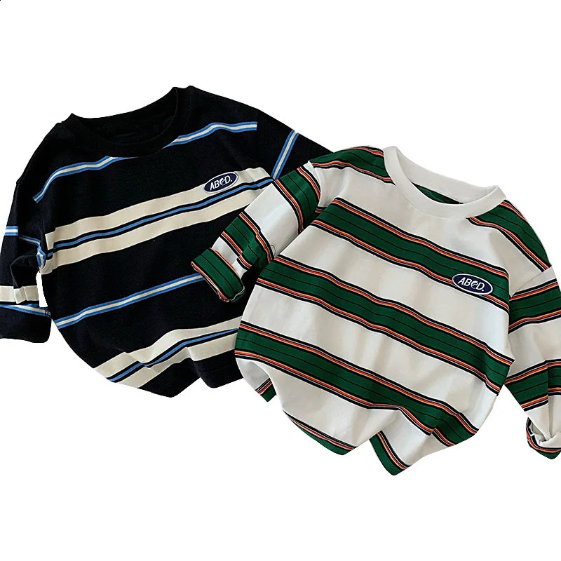 2025 Spring Autumn Kids Boys T-shirts Cotton Striped Loose Sticker Casual Long Sleeve Baby Girls Shirts Toddler Boys Tops 250319