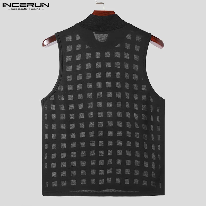 INCERUN Men Tank Tops Hollow Out Solid Color Turtleneck Sleeveless Casual Male Vests Sexy 2024 Streetwear Fashion Clothing 250319