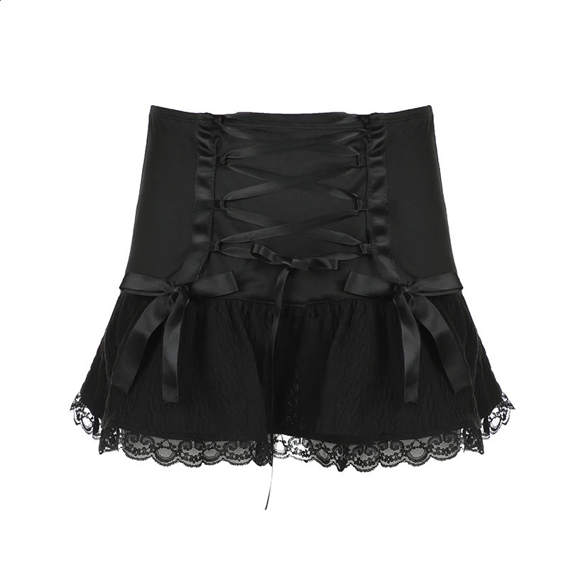 Darlingaga Gothic Y2K Lace Trim Mini Skirt Harajuku Vintage Tie Up Bow Dark Academia Sexy Women Skirts tie A-Line Grunge 250319