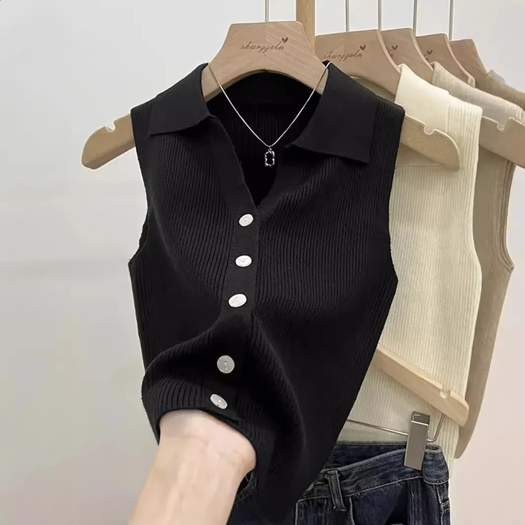 Summer Chic Ice Silk Knitpolo collar with thin eyelashes smooth silhouette vest outerwear womens shoulder sleeveless 250319