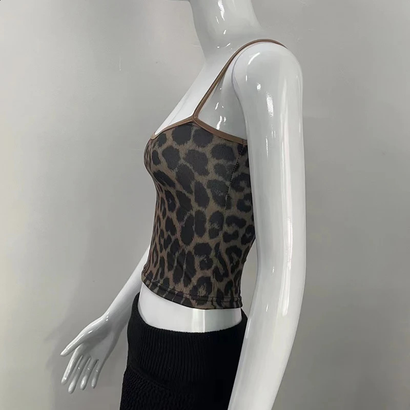 Y2K Summer Girl Style Retro Leopard Print Camisole Slim Spaghetti Strap Sexy Crop Top Skinny Sleeveless Tank Tops 250319