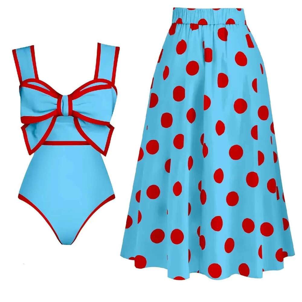 Black and white retro one-piece swimsuit, tie, skirt, sexy, monokini, beachwear, beachwear, 2025