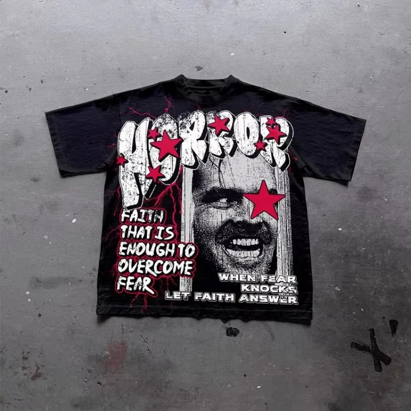 Shining Faith Over Fear Graphics Print Cotton TShirt Men Y2K Summer Short Sleeves Vintage Oversize Tshirt Streetwear Women Tops 250318