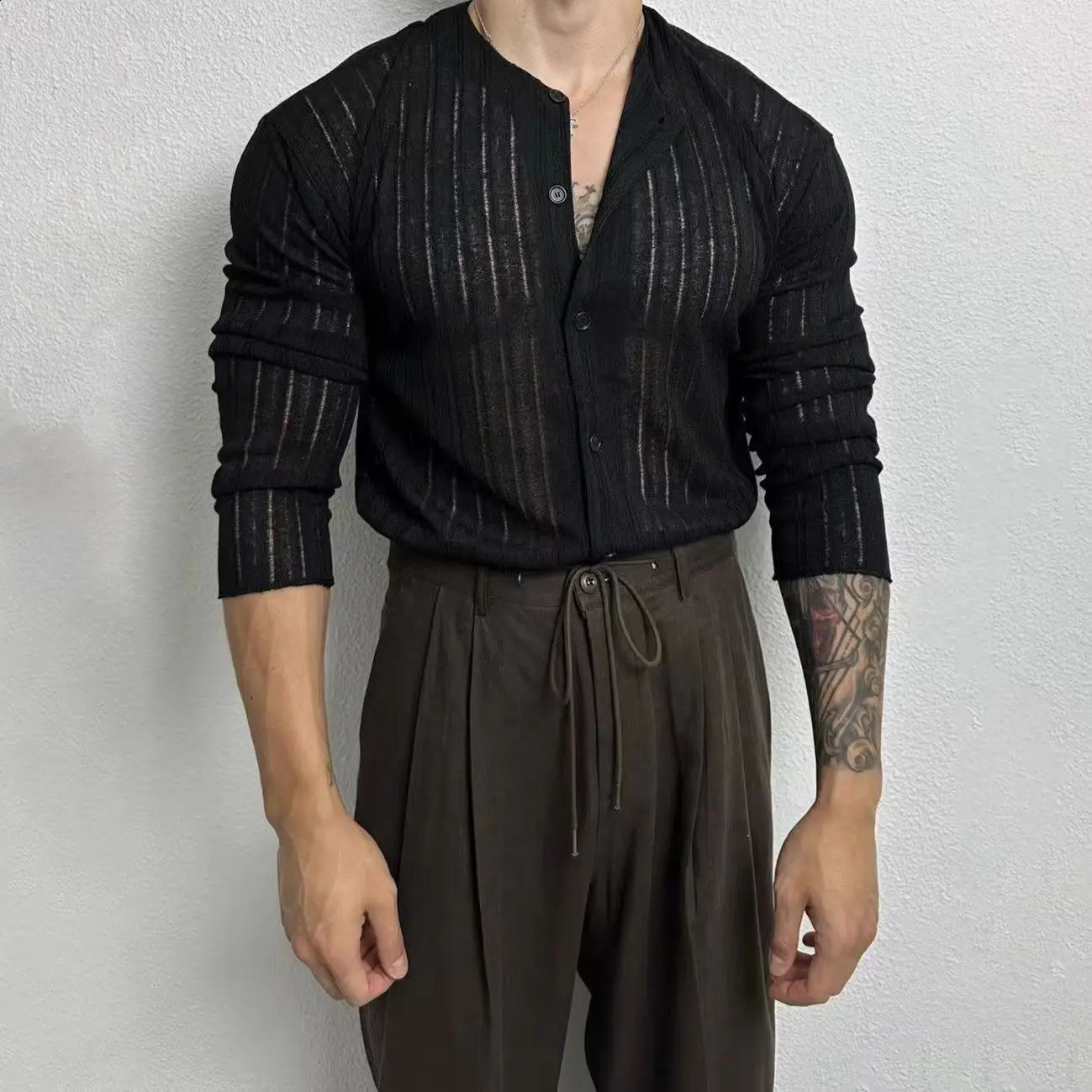Large mens V-neck sexy knitted cardigan solid color long sleeved hollow polo shirt mens top 250317