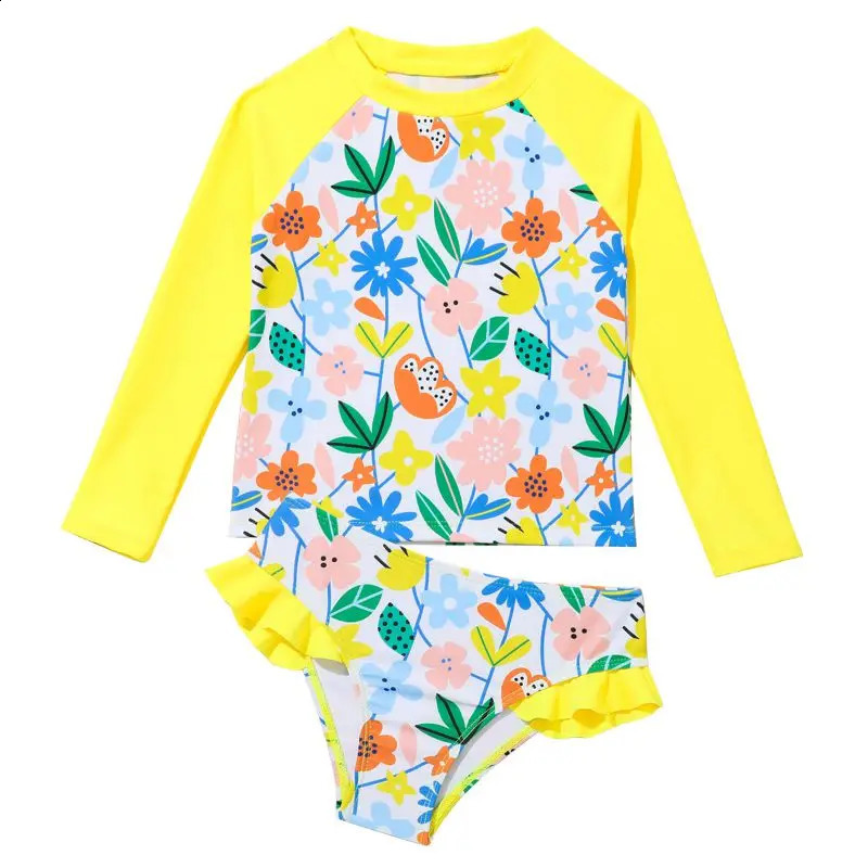Children Girls 2 pcs Swimsuits Summer Long Sleeve Sun Protection Swim Suits Kids Bathing Suit Sunblock Beachwear 4-7 Years 250319