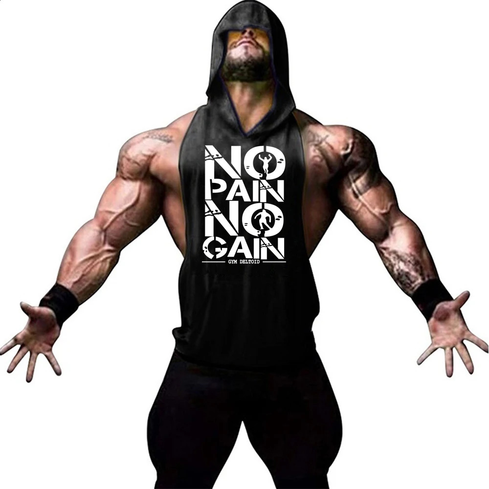 Gym Clothing Mens Bodybuilding Hooded Tank Top Cotton Sleeveless Vest Sweatshirt Fitness Workout Sportswear Tops Male Suspenders 250319