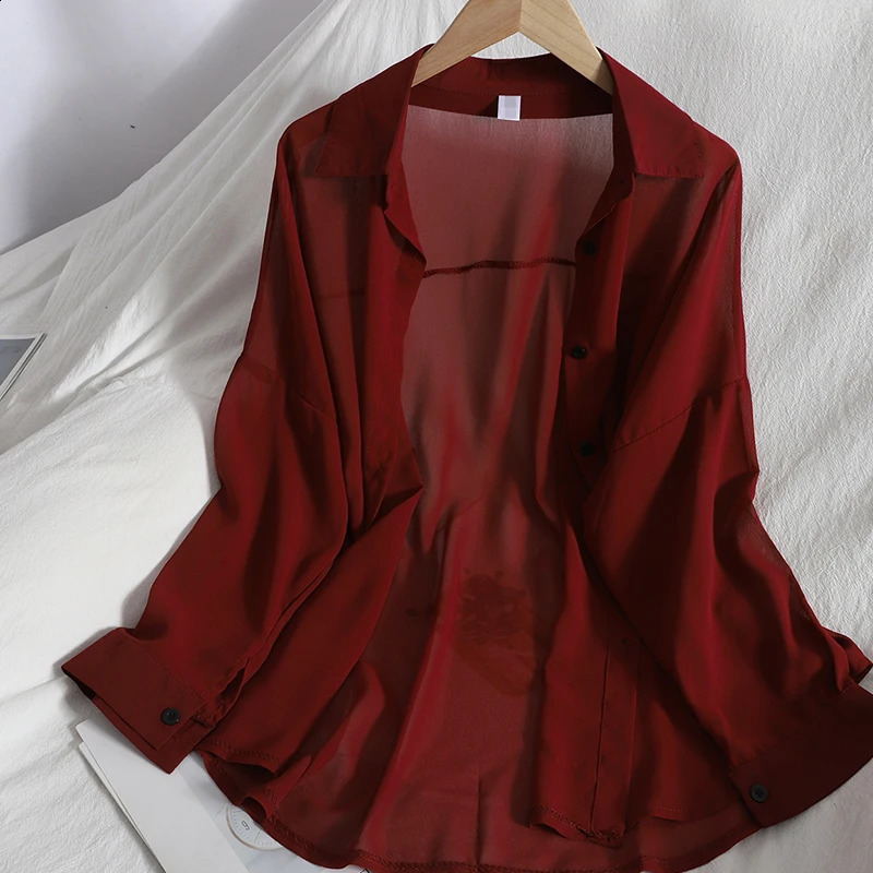 Womens solid color transparent long sleeved chiffon shirt casual loose beach cover button front fashionable and simple Versatile Top 250319