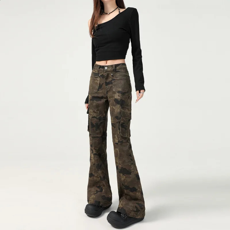 Wxw2214 Retro Camouflage Jeans Womens Side Pocket Loose Hip Hop Long Cargo Denim Street Clothing Boyfriend High Waist 250317