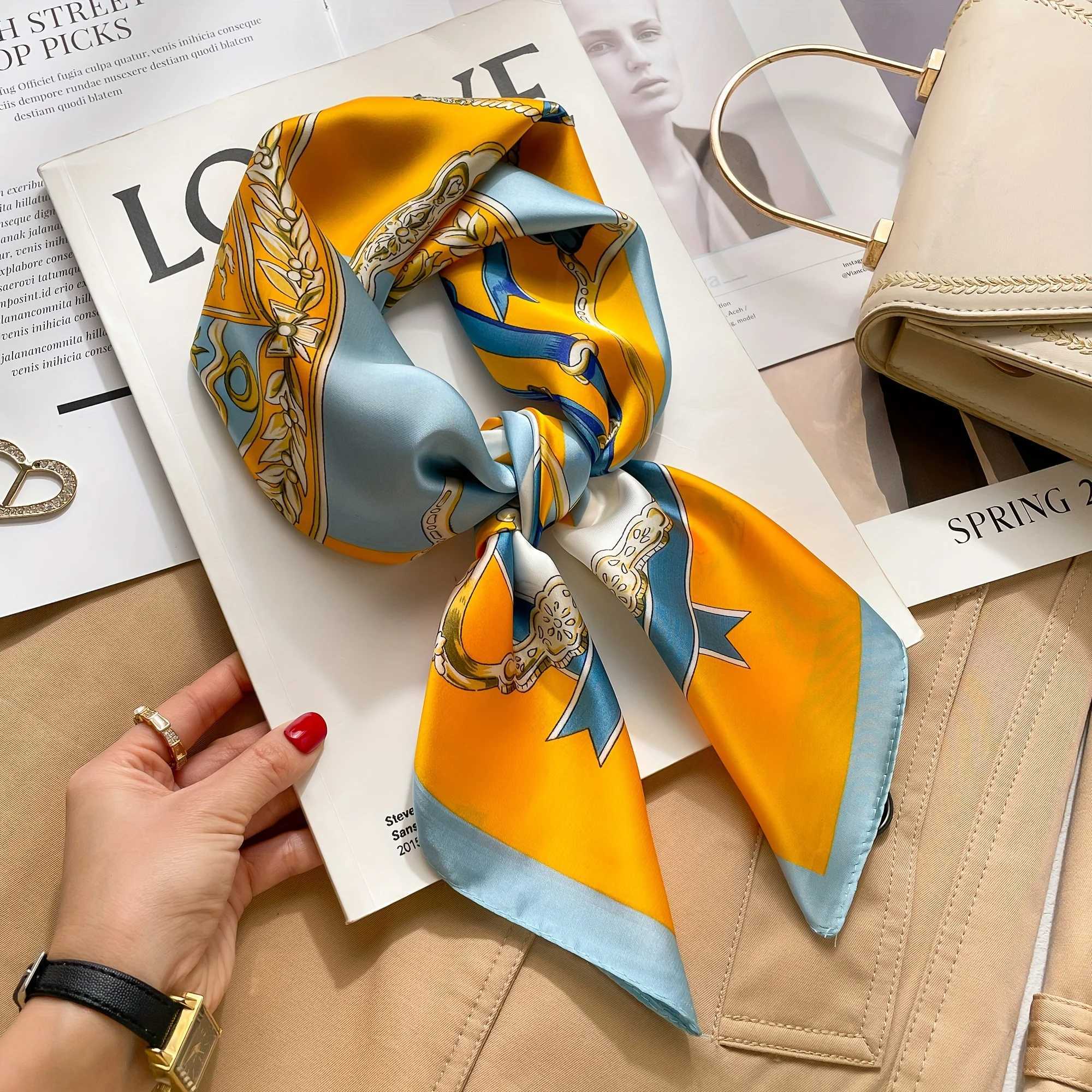 Elegant satin square scarf orange and blue altar print imitating silk scarf breathable and windproof fashionable accessory X250319