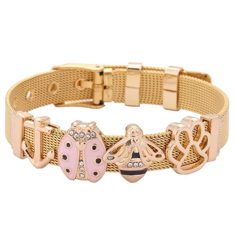 Stainless Steel Keeper Mesh Bracelets with Lovely Bee & Ladybug Crystal Slide Charms Wrap Bracelets Bangle For Women Gift