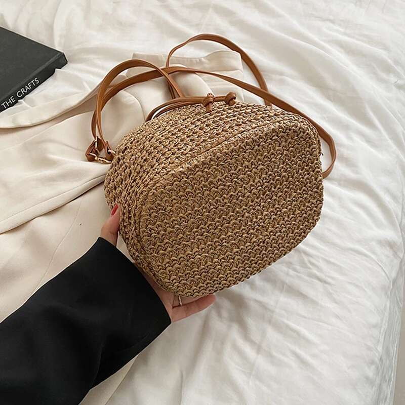 Woven Straw Ladies Bucket Crossbody Summer Beach Bag Retro Shoulder Bags Small Travel Purse And Handbag For Women