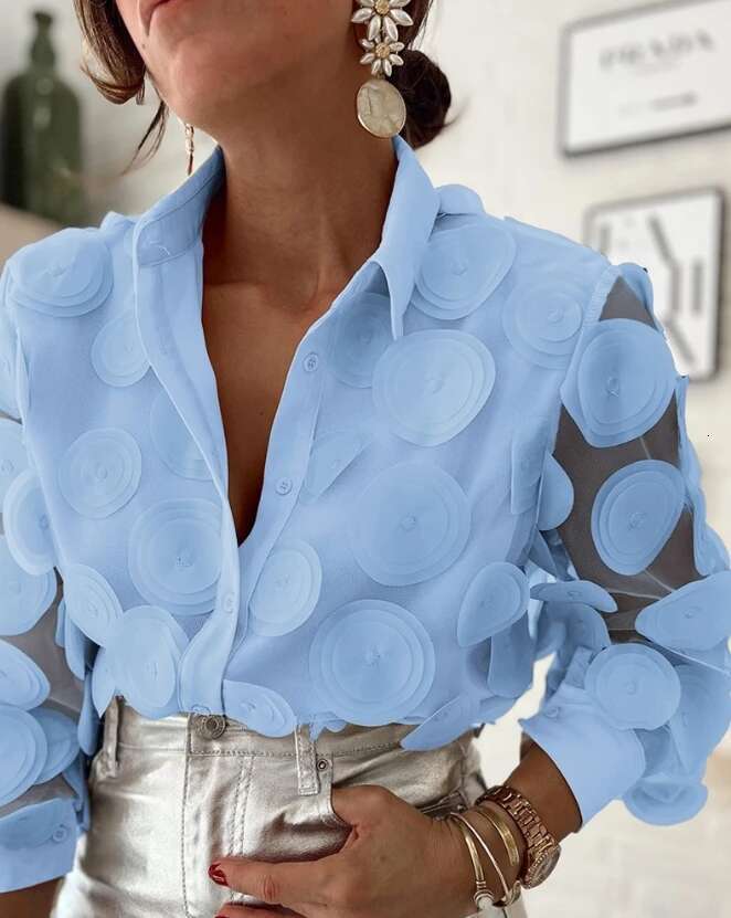 Women's Fashion Ral Pattern Long Sleeve Top Semi-Sheer Mesh Patch Design Women Casual Button Loose Elegant Blouses