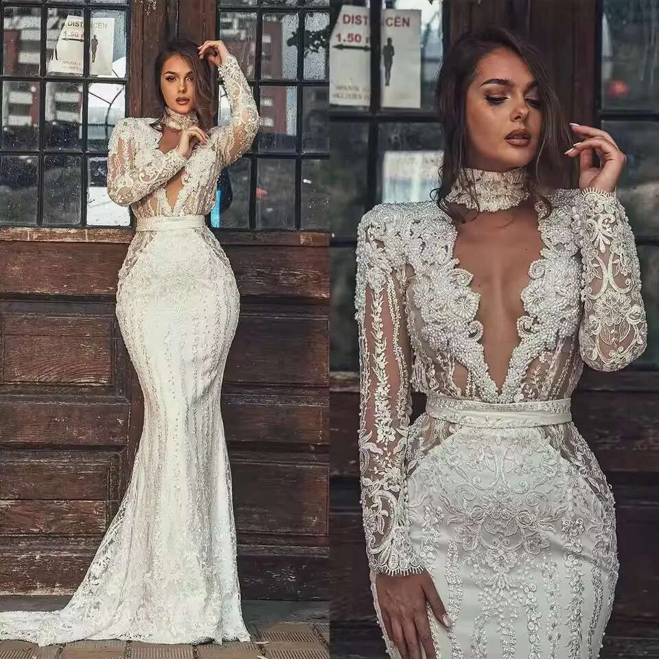 Modern Ivory Mermaid Evening Dresses 2025 Hig Neck Long Sleeves Bridal Gown Pearls Lace Backless Sweep Train Customized Dr0319
