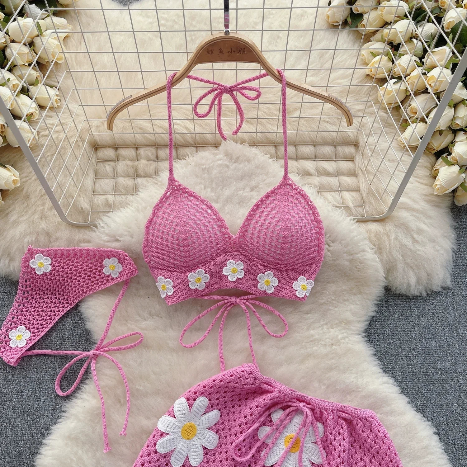 Summer Hollow Knitted Set Womens Strap Lace Bow WaistDrawstring Split Mini Skirt Two Piece 250318