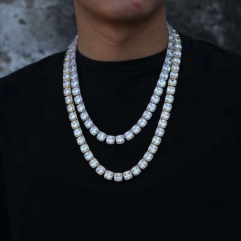 Cluster shaped tennis chain, sparkg jewelry, long stick bread, 10mm rhodium plated, gold-plated, clustered necklace, chocolate ice, cubic zirconia, me