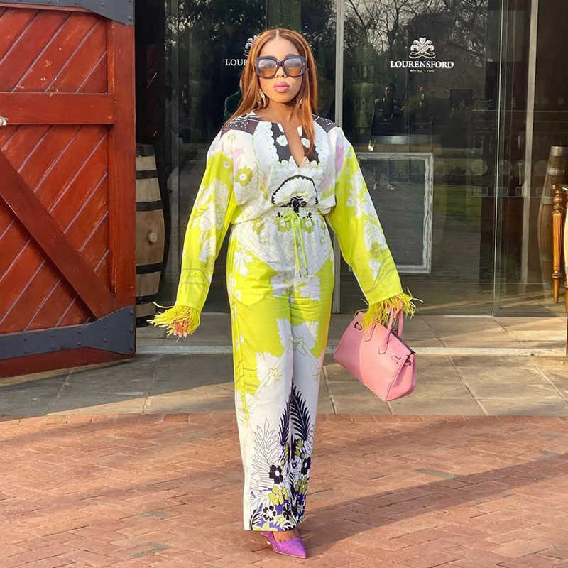 Women's clothing set positioning: floral feather long sleeved shirt, new style long pants, fashionable and casual two-piece set for women 250315