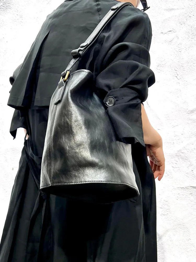 Handmade Retro Natural Leather Bucket Shoulder Bags For Women 100% Genuine Leather Handbag Lady Classic Adjustable Crossbody Bag 250317
