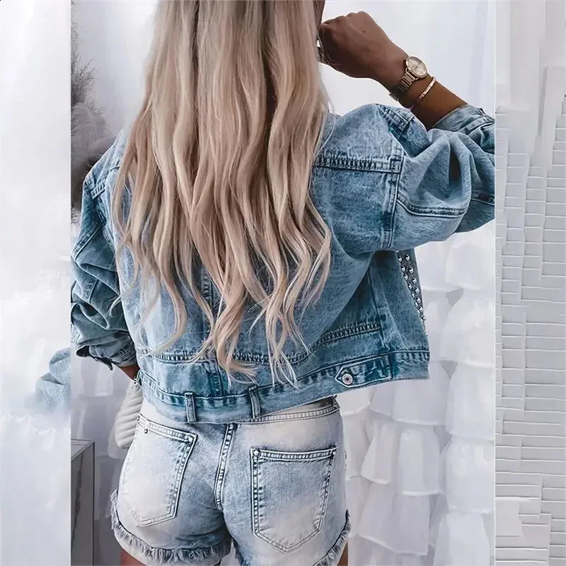 Fashion rivet decoration short jacket womens large pocket splicing work casual single breasted open top denim 250319