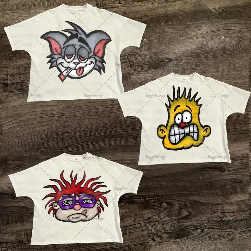 Fashion street clothing short sleeved womens retro cartoon print oversized Tshirt punk summer cotton casual top mens style 250317