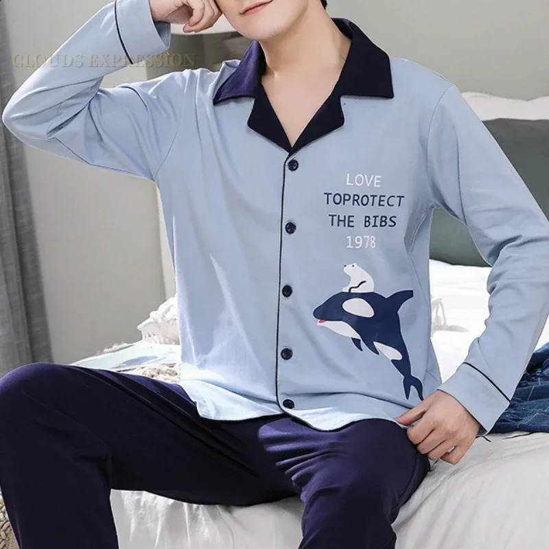 Spring two-piece pajamas cartoon duck print short sleeved mens pajamas set long pants pajamas casual pajamas 250317