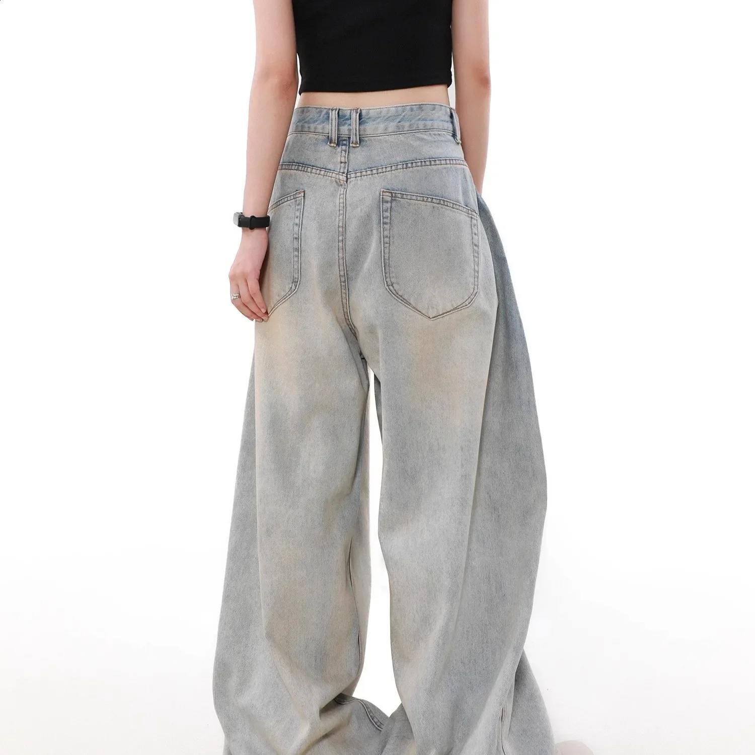 n sense American washed straight leg denim jeans foldable loose fit lazy style couple pants floor length long 250319