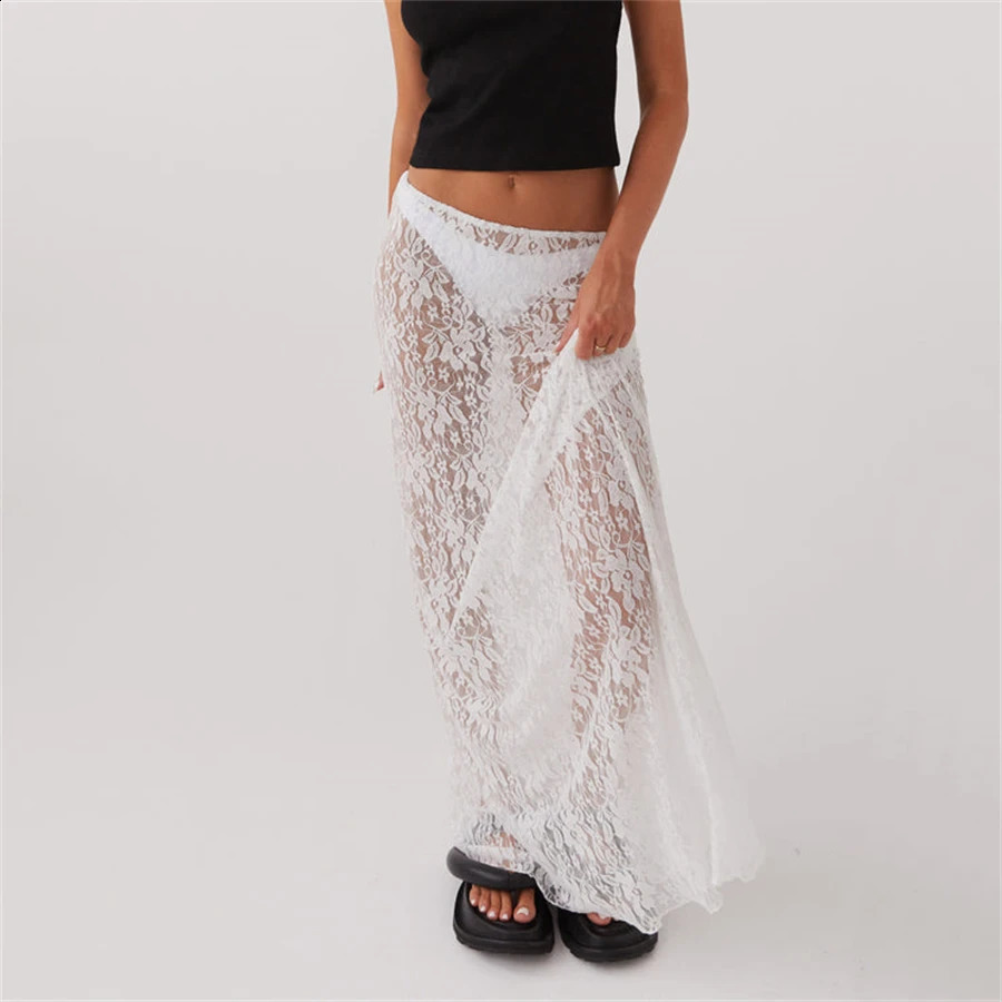Y2K White Fairycore Boho Floral Lace Maxi Skirts Womens Sheer Low Waist Vintage Long Skirts Summer Harajuku Holiday Outfits 250319