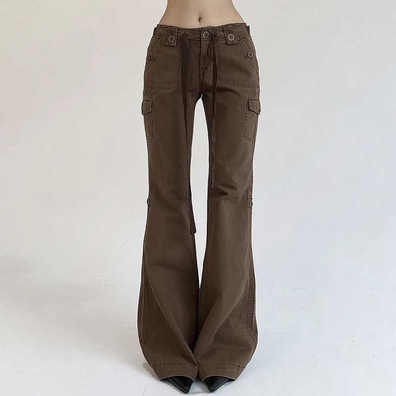Rockmore Brown Low Rise Flare Jeans for Women Streetwear Y2K Aesthetic Cargo Jean Pants Vintage Denim Trousers Grunge FairycoreT250319
